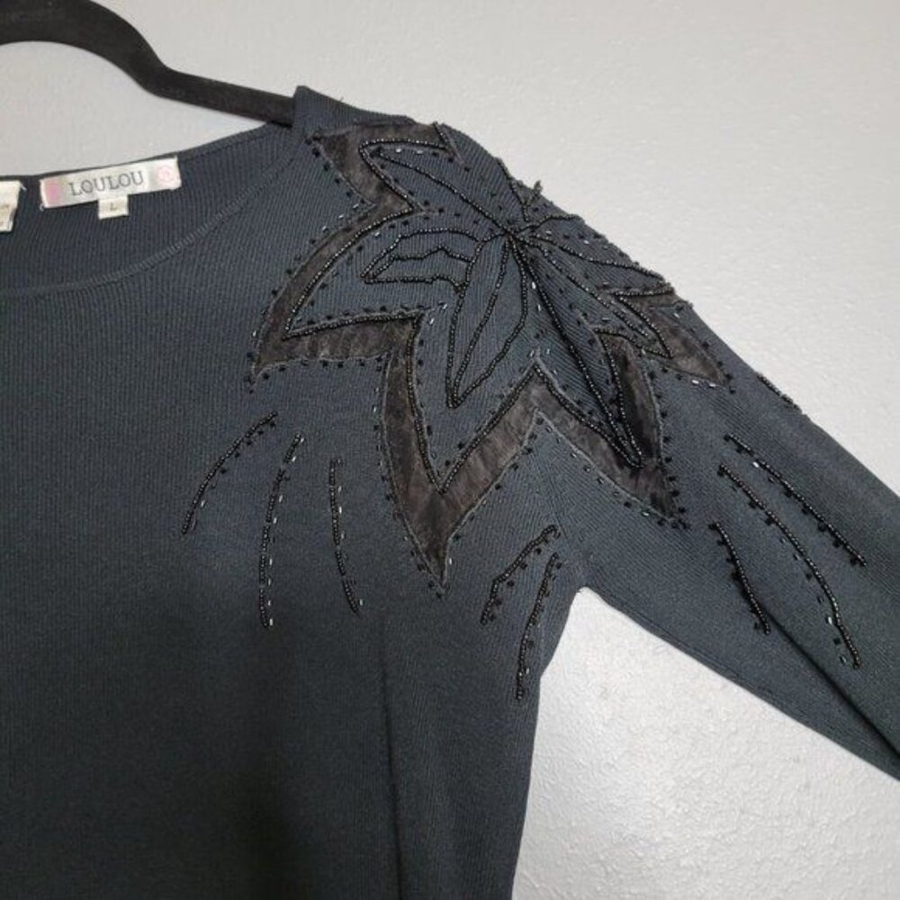 Vintage Fitted Ribbed Applique Beaded‎ Shoulder Detail 3/4 Sleeve Black sz L - Picture 4 of 7
